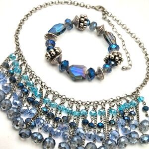 Shades of Blue Jewelry Set Glass Beaded Statement Necklace and Stretch Bracelet